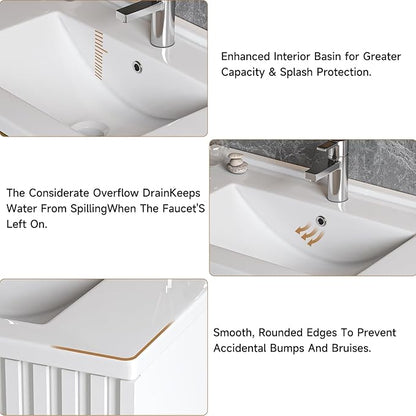 ONBRILL 36 Inch Bathroom Vanity with Sink Combo, Floating Bathroom Vanity with 2 Fluted Drawers & Metal Handle, Modern Wall Mount Storage Cabinet with Ceramic Integrated Sink for Small Space (White)
