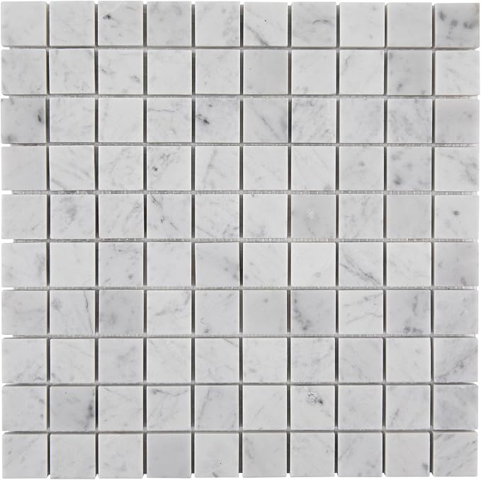 Carrara Marble Mosaic Tile for Kitchen Bathroom Floor 1 Inch Square 5 Pcs | Water & Heat Resistant Honed Marble Backsplash Tiles for Wall Fireplace Surround Durable Unique Veins 3.9SQFT