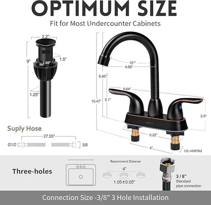 Stainless Steel Bathroom Faucet Oil-Rubbed Bronze Bathroom Sink Faucet with Pop-up Sink Drain Stopper & Deck Plate 3 Hole Bathroom Faucet 2 Handle Bathroom Faucet