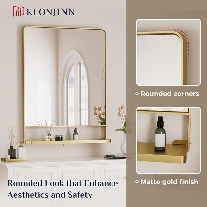 Keonjinn 18" x 28" Gold Bathroom Mirror with Shelf, Rounded Corner | Rust-Resistant, Rectangle Metal Bathroom Vanity Mirror with Storage, French Cleat Mount, Entryway, Bedroom, Hallway, Décor