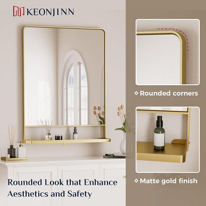 Keonjinn 18" x 28" Gold Bathroom Mirror with Shelf, Rounded Corner | Rust-Resistant, Rectangle Metal Bathroom Vanity Mirror with Storage, French Cleat Mount, Entryway, Bedroom, Hallway, Décor