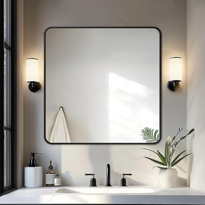 Bathroom Vanity Mirror, Black Framed Mirror for Over Sink, 30x30 | HD glass, distortion-free for makeup and grooming, Sturdy frame, all mounting hardware, hangs horizontal or vertical