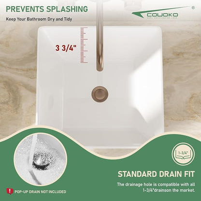 16x16 Inch White Rectangle Vessel Bathroom Sink | Ceramic, Above Counter, Rectangular Shape, Easy to Clean, Recommended Installation, Ideal for Bathroom, Lavatory, Vanity