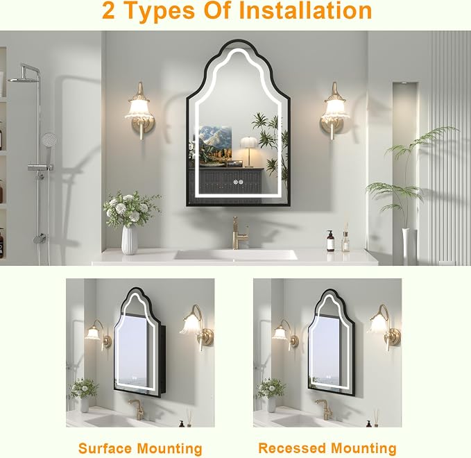 Black Lighted Medicine Cabinet with Mirror, 20''x32'' Surface or Recessed Irregular Bathroom Mirrors with Storage, Anti-Fog Dimmable LED Medicine Cabinet for Bathroom, 3 Color Temperature
