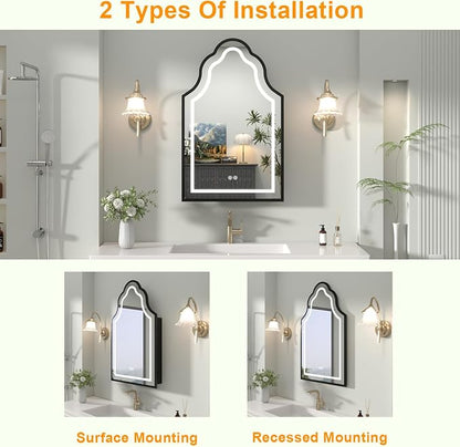 Black Lighted Medicine Cabinet with Mirror, 20''x32'' Surface or Recessed Irregular Bathroom Mirrors with Storage, Anti-Fog Dimmable LED Medicine Cabinet for Bathroom, 3 Color Temperature