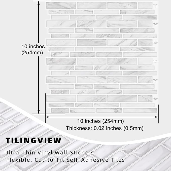 Tilingview 10PCS Peel and Stick Tile for Kitchen Backsplash, Strips Design Self-Adhesive Vinyl Tile, Plastic Wall Sticker (White Marble)