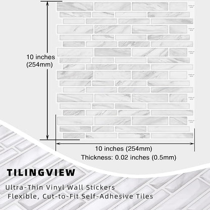 Tilingview 10PCS Peel and Stick Tile for Kitchen Backsplash, Strips Design Self-Adhesive Vinyl Tile, Plastic Wall Sticker (White Marble)