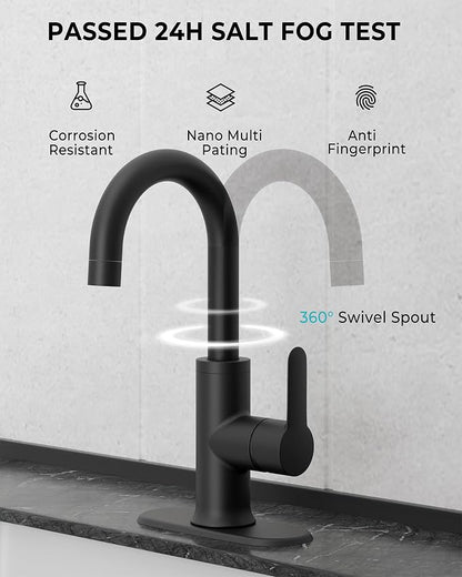 VXV Black Bathroom faucets Single Handle 360° Swivel Gooseneck Spout Optional Deckplate Bar Sink Faucet with Pop-up Drain and Hoses Matte Black