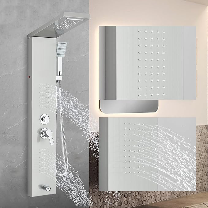 Shower Panel Wall Mount Shower Tower with Body Shower Jets LED Shower Head Rainfall Shower Panels System Stainless Steel Shower Faucet Set, Brushed Nickel