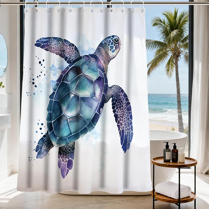 Funny Sea Turtle Shower Curtains Ocean Animal Cartoon Kids Theme Cloth Fabric Bathroom Decor Sets with Hooks Waterproof Washable 72W x 78H inches Teal Purple