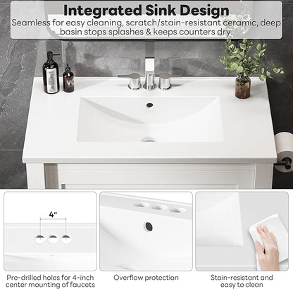LIKIMIO 30 Inch Bathroom Vanity with Sink, Towel Holder & Adjustable Solid Wood Legs for Uneven Floor, Modern Bathroom Storage Cabinet with Tip-Out Drawer, 2 Drawers & Adjustable Shelf, White