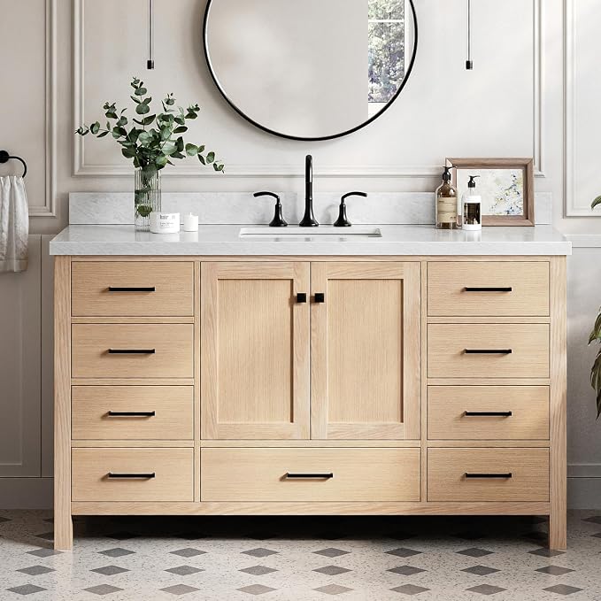 Beckford 60-Inch Oak Bathroom Vanity with Sink, 1.5-Inch Carrara White Marble Countertop & 4-Inch Backsplash, 2 Soft Closing Doors, 9 Dovetail Drawers, Matte Black Hardware