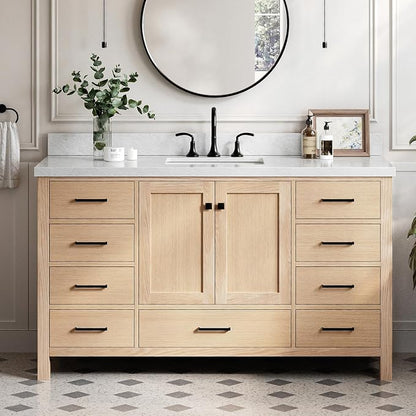 Beckford 60-Inch Oak Bathroom Vanity with Sink, 1.5-Inch Carrara White Marble Countertop & 4-Inch Backsplash, 2 Soft Closing Doors, 9 Dovetail Drawers, Matte Black Hardware