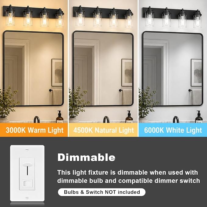 4-Light Bathroom Light Fixtures, Bathroom Vanity Wall Light | Modern Bathroom Lighting Fixtures Over Mirror, Vanity Lights for Bathroom, Mirror, Restroom, Bedroom, E26