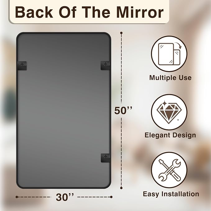 Vanity Bathroom Mirror, 50”x30” Black Bathroom Mirror for Over Sink | HD Tempered Glass, Anti-Rust Frame, Vertical or Horizontal, Wall Mirrors for Bathroom Sink, Living Room, Entryway, Bedroom