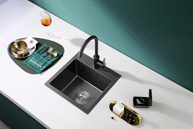 Black Topmount Kitchen Sink - 15”×15” Single Bowl Sink | 8 Inch Deep Handmade Bar Sink with Strainer, Stainless Steel 304, Center Drain, X-Groove Drainage, Sound-Dampening Pad