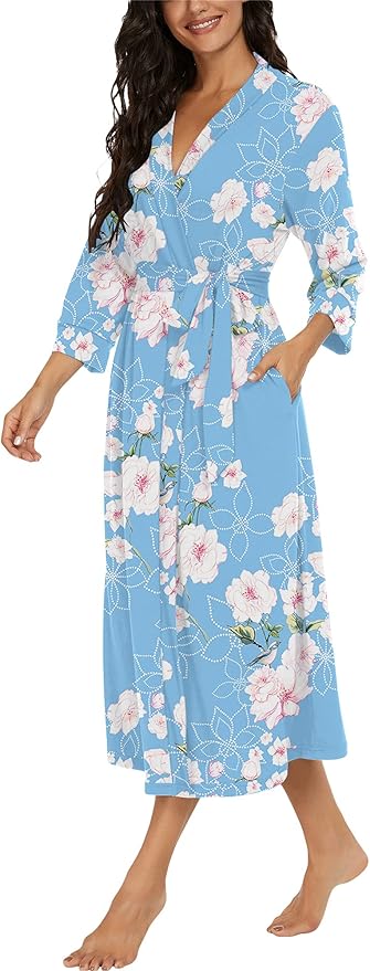VINTATRE Women Kimono Robes Long Knit Bathrobe Lightweight Soft Knit Sleepwear V-neck Casual Ladies Loungewear