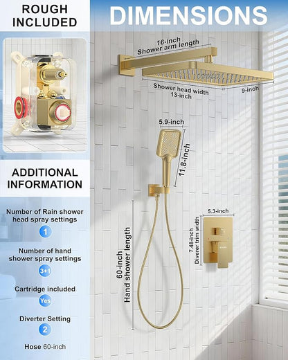 Shower System 13-Inch Rainfall Shower Head - 3 Setting Handheld Sprayer, Complete Bathroom Set with Faucet Mixer Trim Kit & Valve Brushed Gold