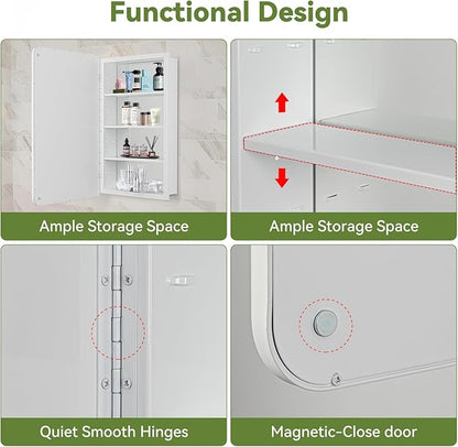 17 x 27 White Bathroom Medicine Cabinet with Mirror Metal Frame Recessed Or Wall Mounted Single Door Storage Medicine Cabinets with Adjustable Shelves Rounded Corner Beveled Mirrors