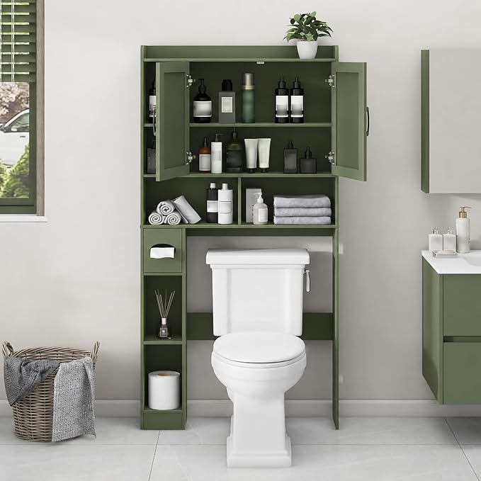 Vabches Over The Toilet Storage Cabinet with 2 Barn Doors, Green | Farmhouse Storage Cabinet with Toilet Paper Holder Stand，Home Space-Saving Toilet Rack, for Bathroom, Restroom, Laundry