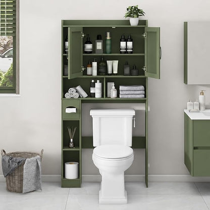 Vabches Over The Toilet Storage Cabinet with 2 Barn Doors, Green | Farmhouse Storage Cabinet with Toilet Paper Holder Stand，Home Space-Saving Toilet Rack, for Bathroom, Restroom, Laundry