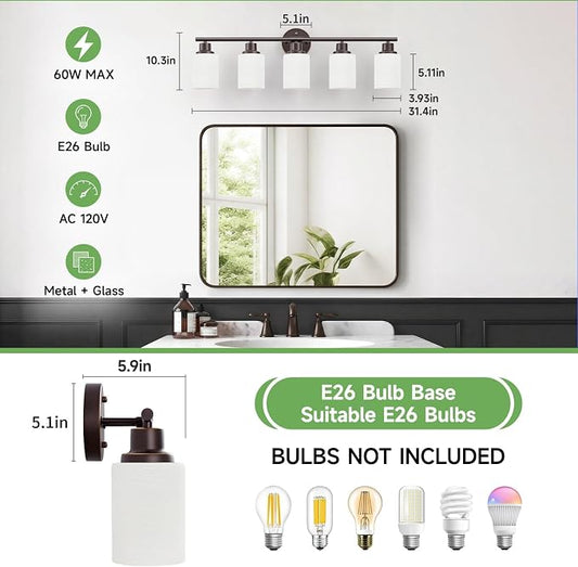 5-Light Bathroom Light Fixtures, Oil-Rubbed Bronze Gold Vanity Lights for Mirror with Textured Milky White Glass Shade, E26 Modern Kitchen Light Fixtures Wall Sconce Light