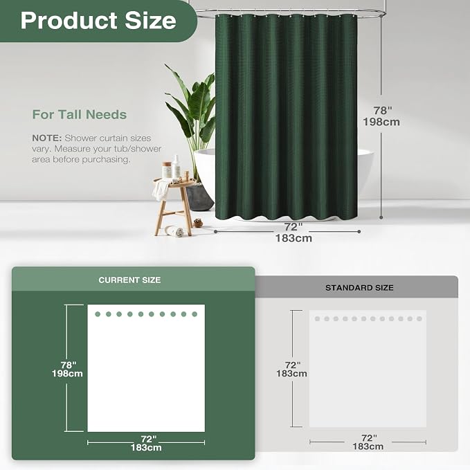 Long Waffle Shower Curtain 256 GSM Heavy Fabric 72x78 Dark Green | 78 Inch Long, Thick Cloth, Weighted Hem, Water Repellent, Tall Hotel Luxury Polyester Shower Curtains for Bathroom 12 Hooks