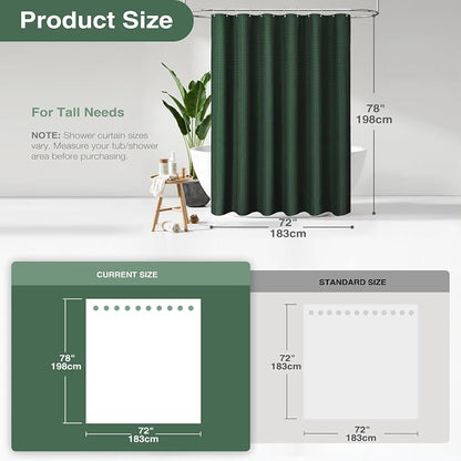Long Waffle Shower Curtain 256 GSM Heavy Fabric 72x78 Dark Green | 78 Inch Long, Thick Cloth, Weighted Hem, Water Repellent, Tall Hotel Luxury Polyester Shower Curtains for Bathroom 12 Hooks
