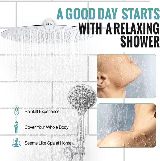 SR SUN RISE Shower Faucet - 16 Inch Multifunctional High Pressure Shower Head System with Handheld Shower Head Fixtures - Valve Included - Polished Chrome