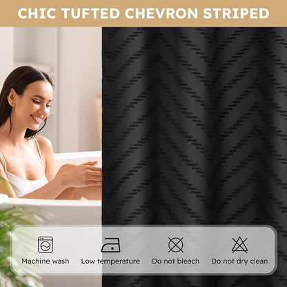 FADOTY Black No Hook Shower Curtain Set with Snap in Liner, 71'' x 86'' | Bathroom Hotel Fabric Curtain, Waterproof Washable Liner, See Through Top Window, Ringless Chevron Tufted Cloth Curtain