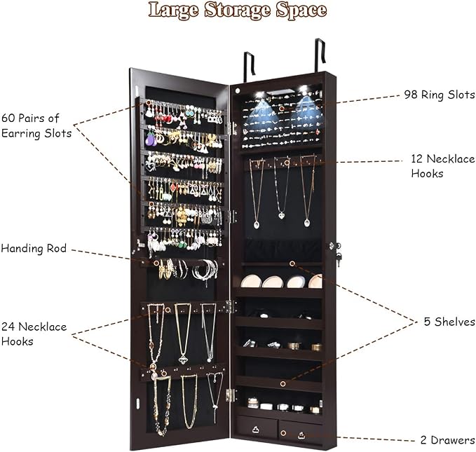 Giantex Wall Door Mounted Jewelry Armoire Cabinet with 47.5" H Full Length Mirror, 2 LEDs Lockable Jewelry Organizer Box with Bracelet Rod, 2 Drawers, Large Storage Capacity (Espresso)