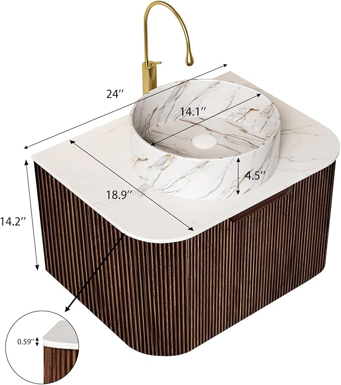 Yayzy 24" Floating Bathroom Vanity with Sink, Solid Wood Fluted Cabinet, White Marble-Patterned Ceramic Basin & Faux Marble Top, Soft-Close Drawer, Pre-Assembled, Walnut Woodgrain