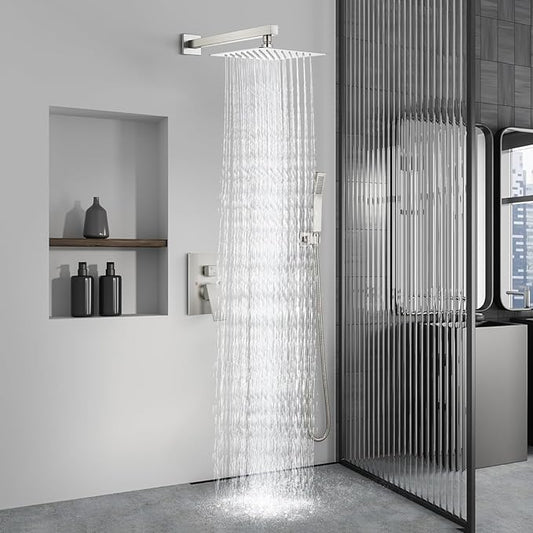 Aolemi Shower Faucet Set Rain Shower System with Handheld Spray Bathroom Shower Combo Rough-in Valve and Shower Trim Kit Included Brushed Nickel 12 Inch Wall Mount Shower Head