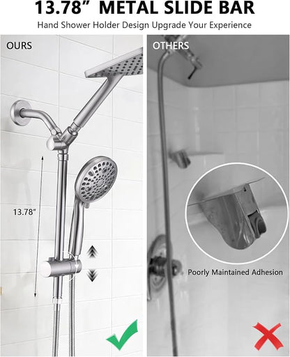 PDPBath High Pressure Rainfall Shower Head with Handheld Combo, Height Adjustable Dual Handheld Shower Head Combo with Slide Bar for Easy Reach, Brushed Nickel