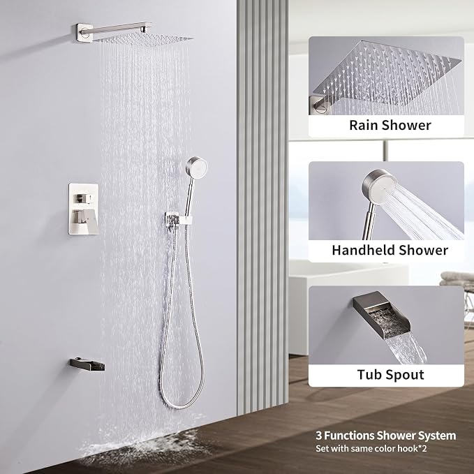 Brushed Nickel Shower Tub Faucet Set Wall Mounted 8 Inch | Shower Heads with Handheld Spray Combo and Tub Shower Faucet, Luxury Bathroom Square Rain Shower System