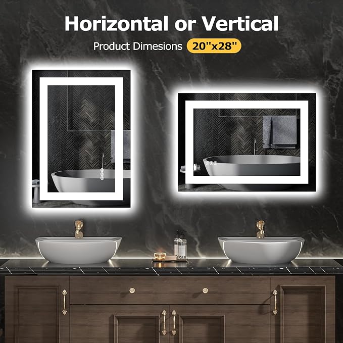 Hivone 28"X20" LED Bathroom Mirror with Lights, Anti-Fog, Dimmable, Backlit + Front Lit, Smart Bathroom Vanity Mirror, Memory Function, Shatterproof, Tempered Glass (Horizontal/Vertical)