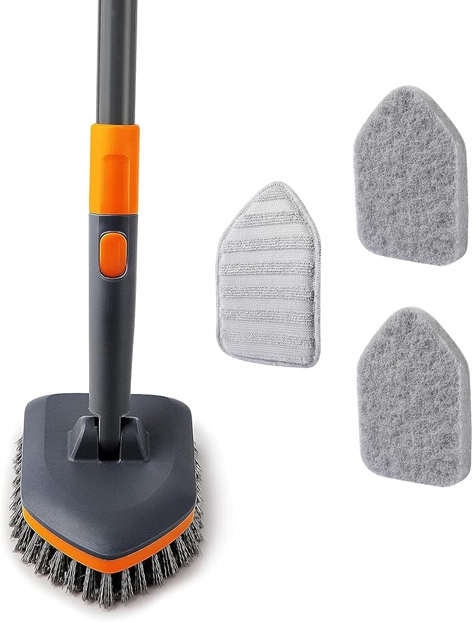 CLEANHOME Tile Tub Scrubber Brush for Cleaning Toilet Wall,Bathtub,Sink | 3 Different Function Cleaning Heads, 56" Extendable Long Handle, Bathroom No Scratch Shower Scrubber