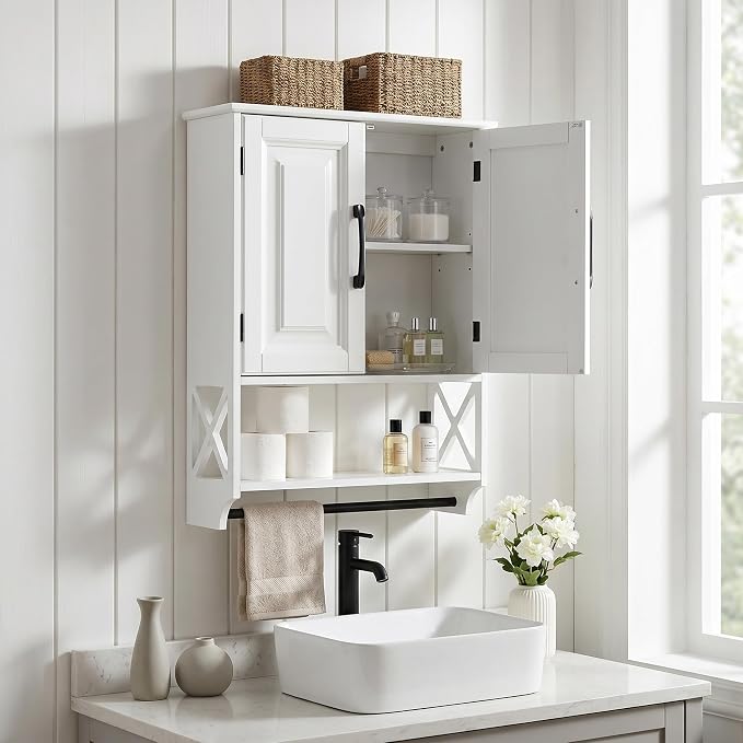 Bathroom Wall Cabinet, 25"x19" Farmhouse Wall Mounted Medicine Cabinet with 2 Raised Panel Doors, Adjustable Shelf & Towel Bar–Over Toilet Storage Organizer for Laundry Room, Entryway or Small Spaces