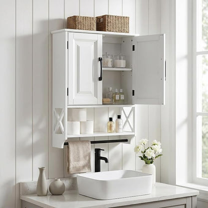 Bathroom Wall Cabinet, 25"x19" Farmhouse Wall Mounted Medicine Cabinet with 2 Raised Panel Doors, Adjustable Shelf & Towel Bar–Over Toilet Storage Organizer for Laundry Room, Entryway or Small Spaces