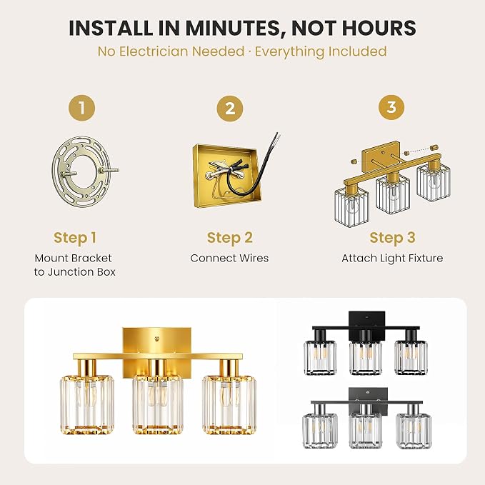Crystal Bathroom Light Fixtures, 3-Light Brushed Gold, Vanity Lights for Bathroom Over Mirror, Modern Bath Wall Sconce for Mirror Bedroom Living Room