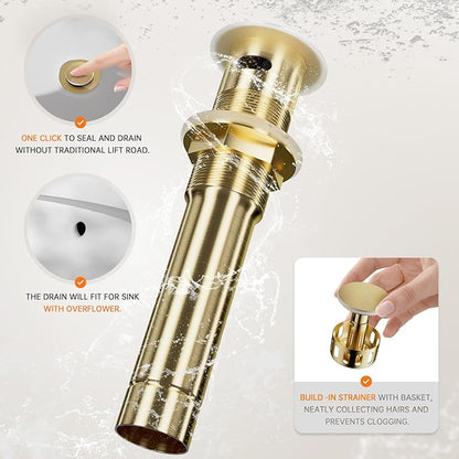Phiestina Single Handle Waterfall Faucet for Bathroom Sink in Brushed Gold Finish, with 6-Inch Deck Plate,Metal Pop Up Drain Assembly & CUPC Water Supply Lines,NS-SF01-BG