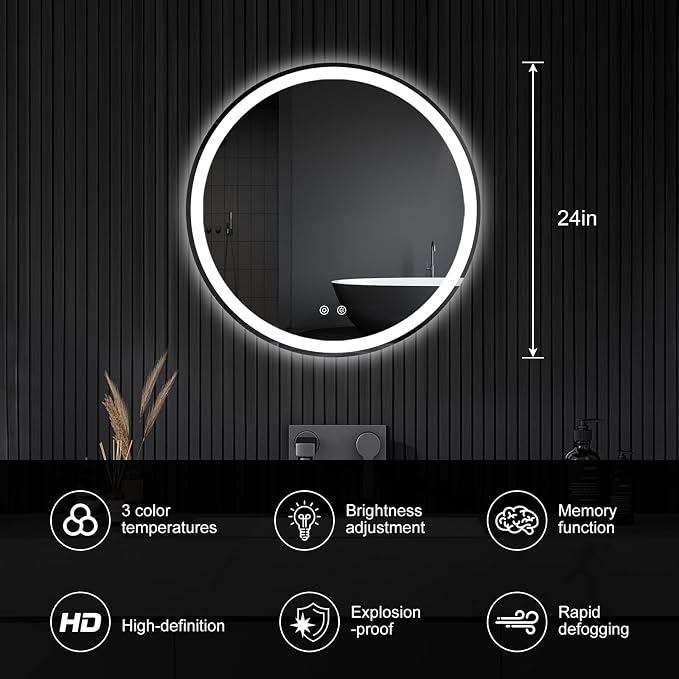 NEWBULIG 24'' Round LED Bathroom Mirror with Lights, Circle Vanity Mirror | Anti-Fog, Dimmable, 3-Color Light, Front Light and Backlit, Memory Function, Tempered Glass
