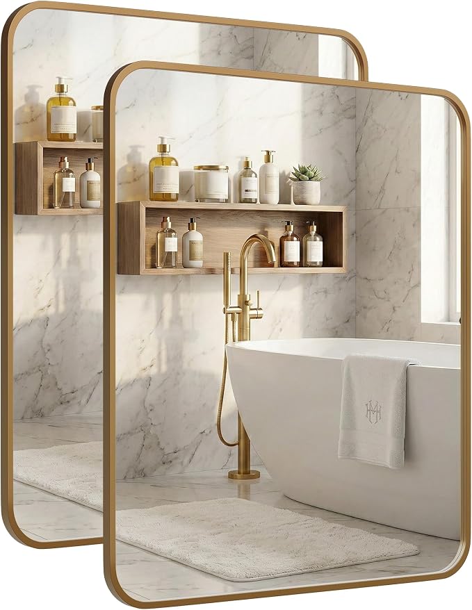 2-Pack 24x30 Inch Antique Gold Rounded Rectangle Vanity Mirrors | Double Vanity or Two Bathrooms, Pair or Separate Use, Iron Frame, Layered Shadow Box Look, Two-Way Mount
