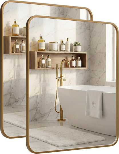 2-Pack 24x30 Inch Antique Gold Rounded Rectangle Vanity Mirrors | Double Vanity or Two Bathrooms, Pair or Separate Use, Iron Frame, Layered Shadow Box Look, Two-Way Mount