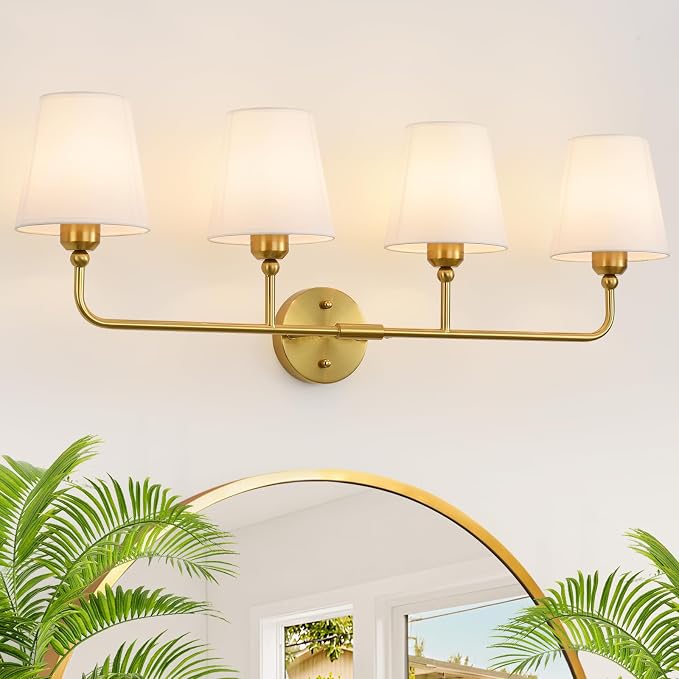 Bathroom Light Fixtures, 4-Light Brushed Gold Vanity Lights, 34" Bathroom Lighting Fixtures Over Mirror with White Flared Fabric Shade, Modern Wall Sconces for Bathroom Bedroom Living Room Hallway