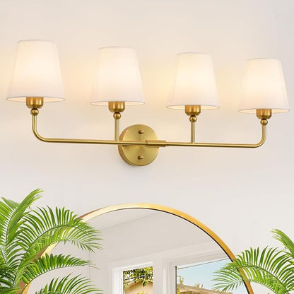 Bathroom Light Fixtures, 4-Light Brushed Gold Vanity Lights, 34" Bathroom Lighting Fixtures Over Mirror with White Flared Fabric Shade, Modern Wall Sconces for Bathroom Bedroom Living Room Hallway