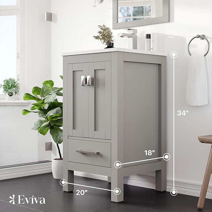 Eviva London 20 Inch Bathroom Vanity with Sink - Grey Vanity Bathroom, Porcelain Sink and Quartz Countertop, Freestanding 20 Vanity with Sink Combo, Ideal Bathroom Vanities for Home Decor