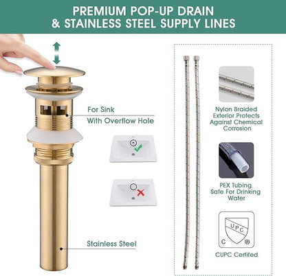 Bathroom Faucets for Sink, 2 Handle Widespread Bathroom Sink Faucet, 3 Hole Modern Stainless Steel Faucet with Pop-up Drain and Water Supply Lines, Brushed Golden