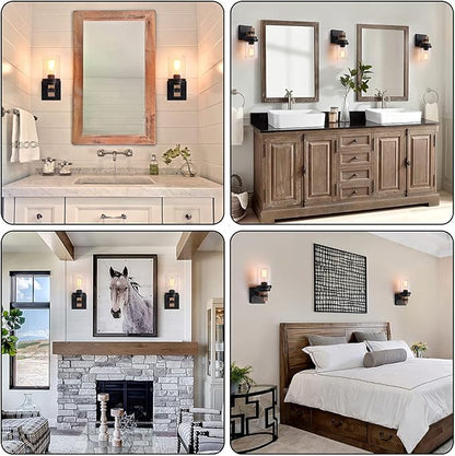 1-Light Rustic Wall Sconces Farmhouse Bathroom Light Fixtures Over Mirror, Handmade Wood Vanity Light Fixtures with Pretty Glass Shade, Wall Sconce for Bathroom Hallway Bedroom