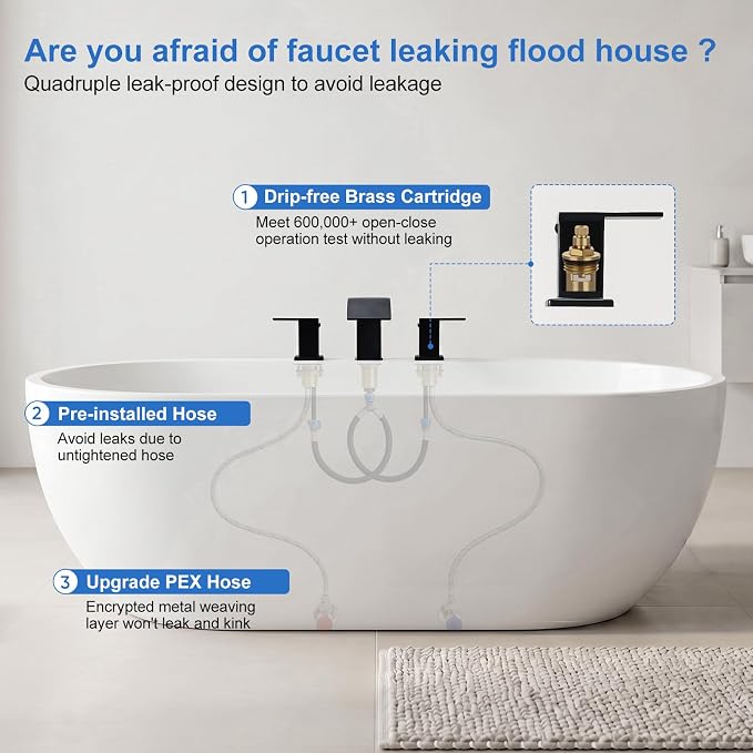 RUMOSE Roman Bathtub Faucet Set Waterfall Tub Faucets Matte Black | High Flow Widespread 6-16 Inch 3 Holes Deck Mount Tub Filler 2 Handles Bathtub Filler Soaking Bath Faucet